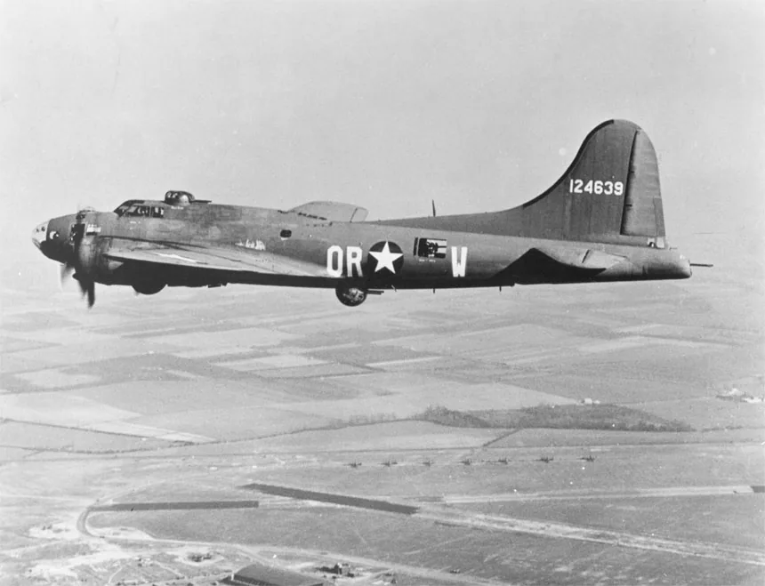 B-17F aircraft. B-17F “The Careful Virgin” in flight over England, circa 1943.