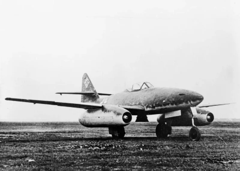 Me 262A-1a aircraft. Messerschmitt Me 262A-1a, circa 1945; Royal Air Force official photograph.